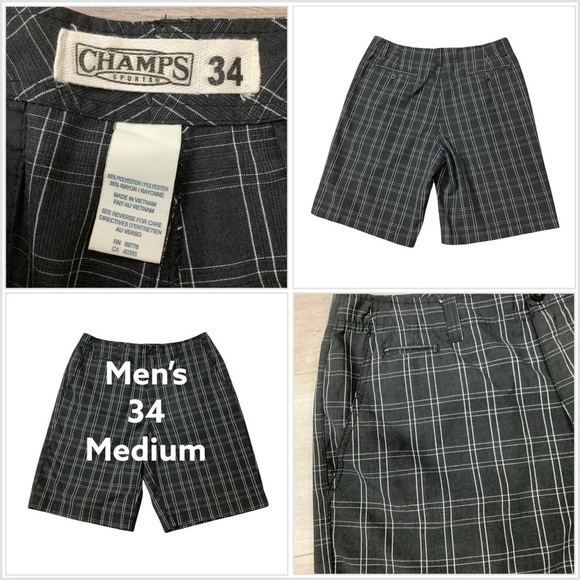 Men's Champs Sports 34 Medium Golf Shorts Plaid Black Chino Khakis Polyester - Picture 1 of 8
